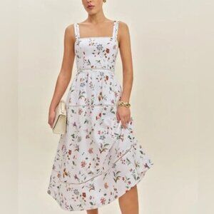NEW Reformation Everett Linen Midi Dress Corsini White Multi Floral | US 6 UK 10
